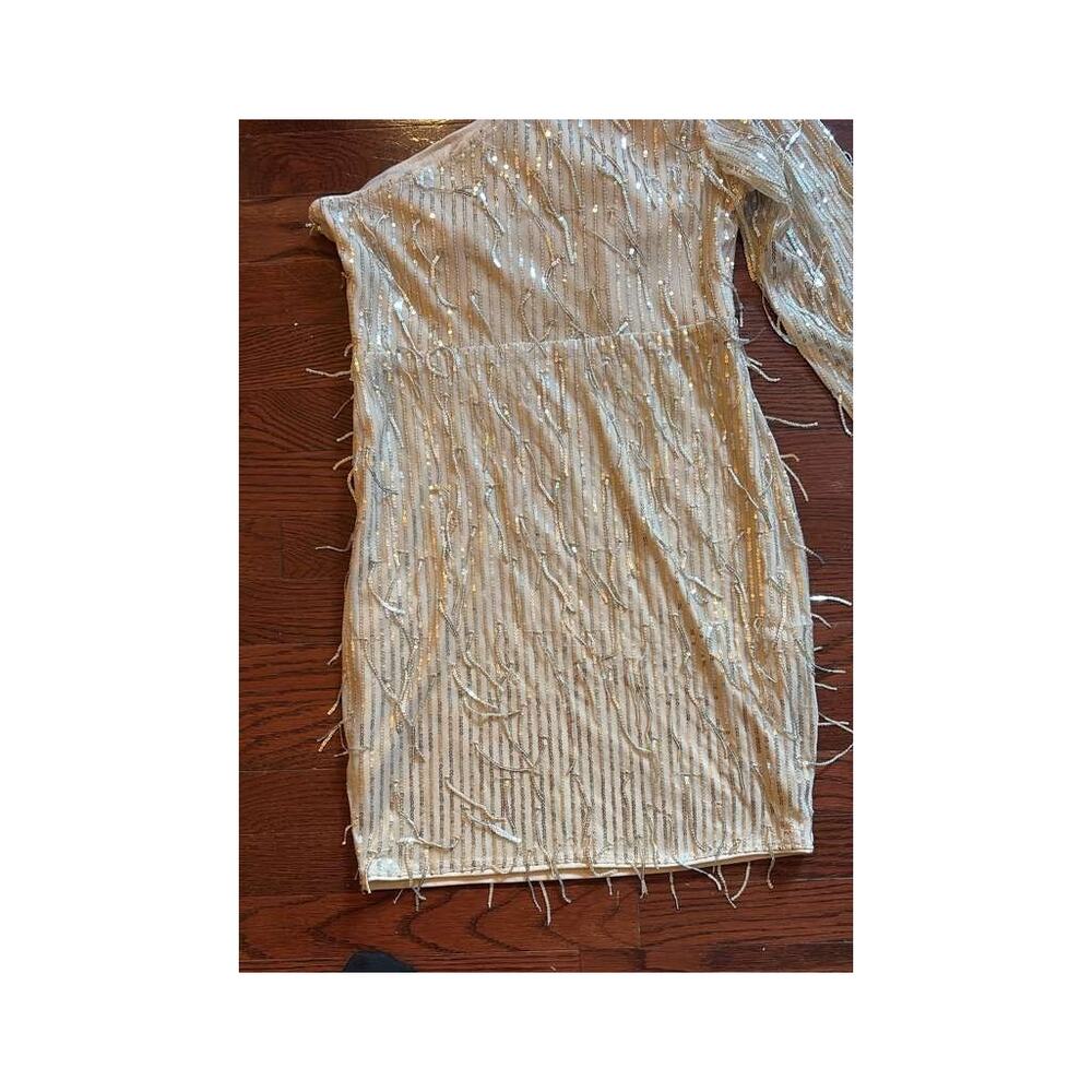 Gold Sequin One Shoulder Mini Dress with Fringe Detail Size Large - Picture 3 of 6